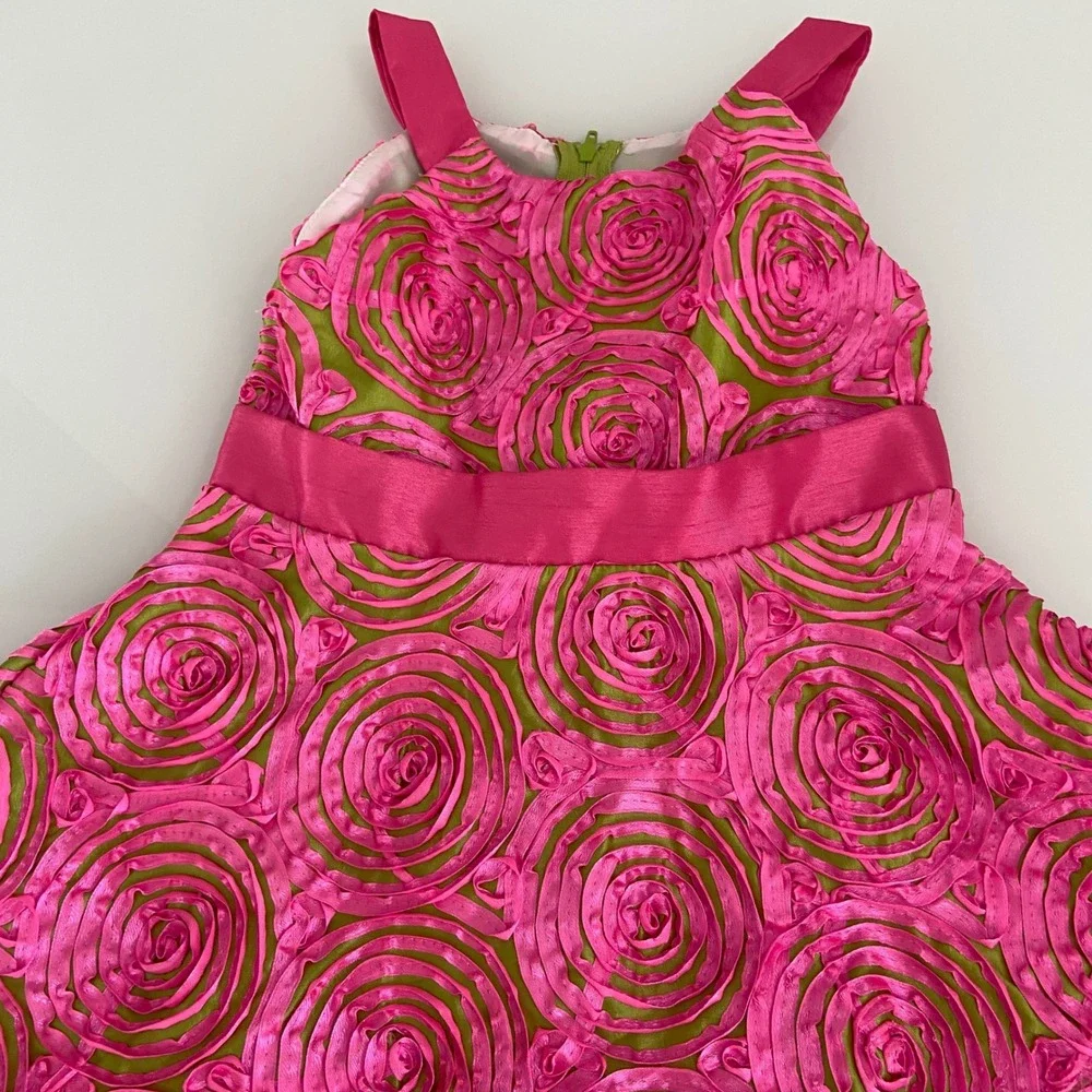 Rare Too Kids Size 5 Pink Lime Green Rosette Party Dress Easter 3D Floral Sash‎
